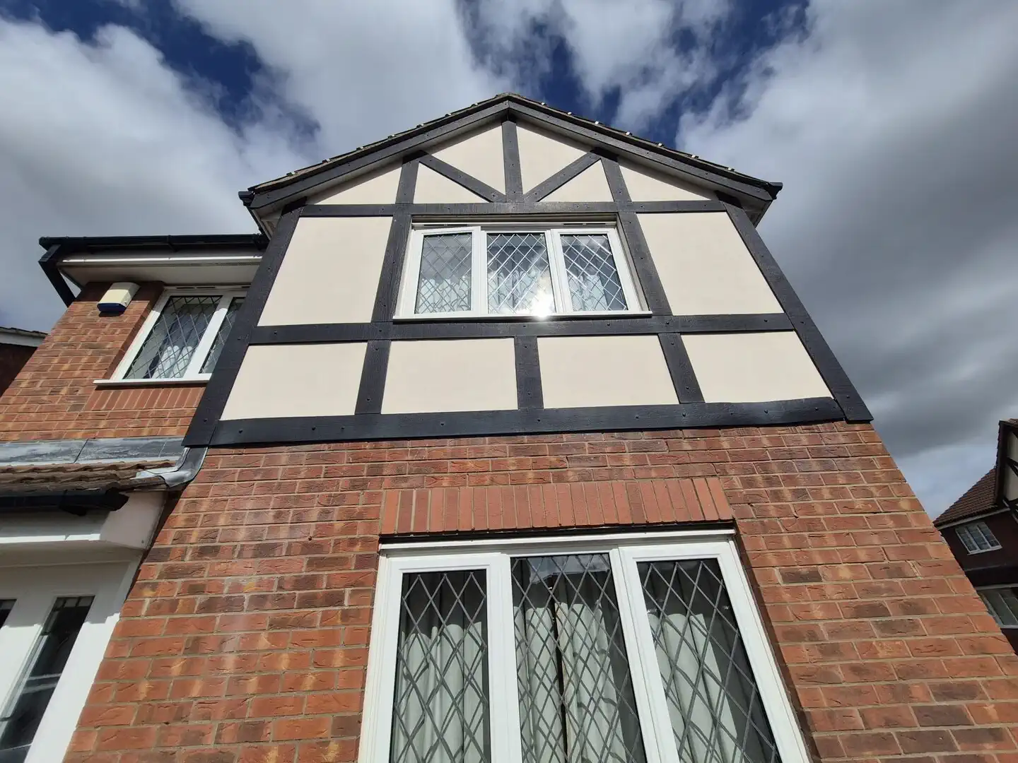 Mock-Tudor boarding and render panels on the gable of a house in Whitwood, Castleford