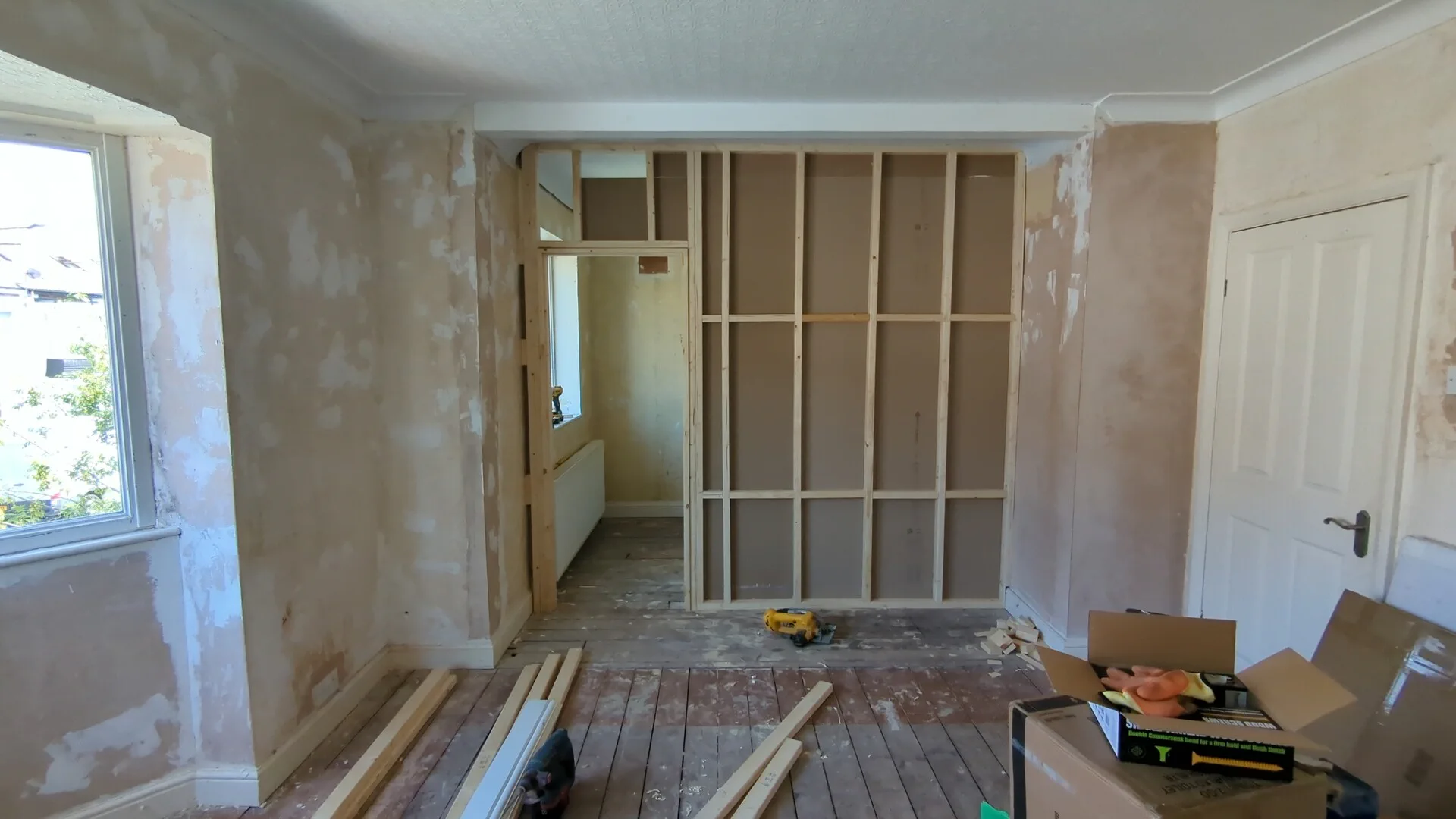 Completed stud wall frame with two straight rows of noggins