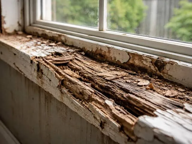 Damaged wooden window sill showing decay before a timber repair