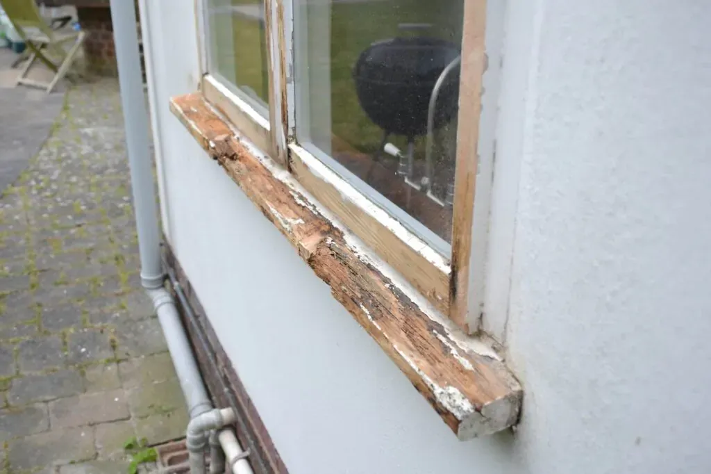 Rotten lower section of a traditional timber sash window before repair