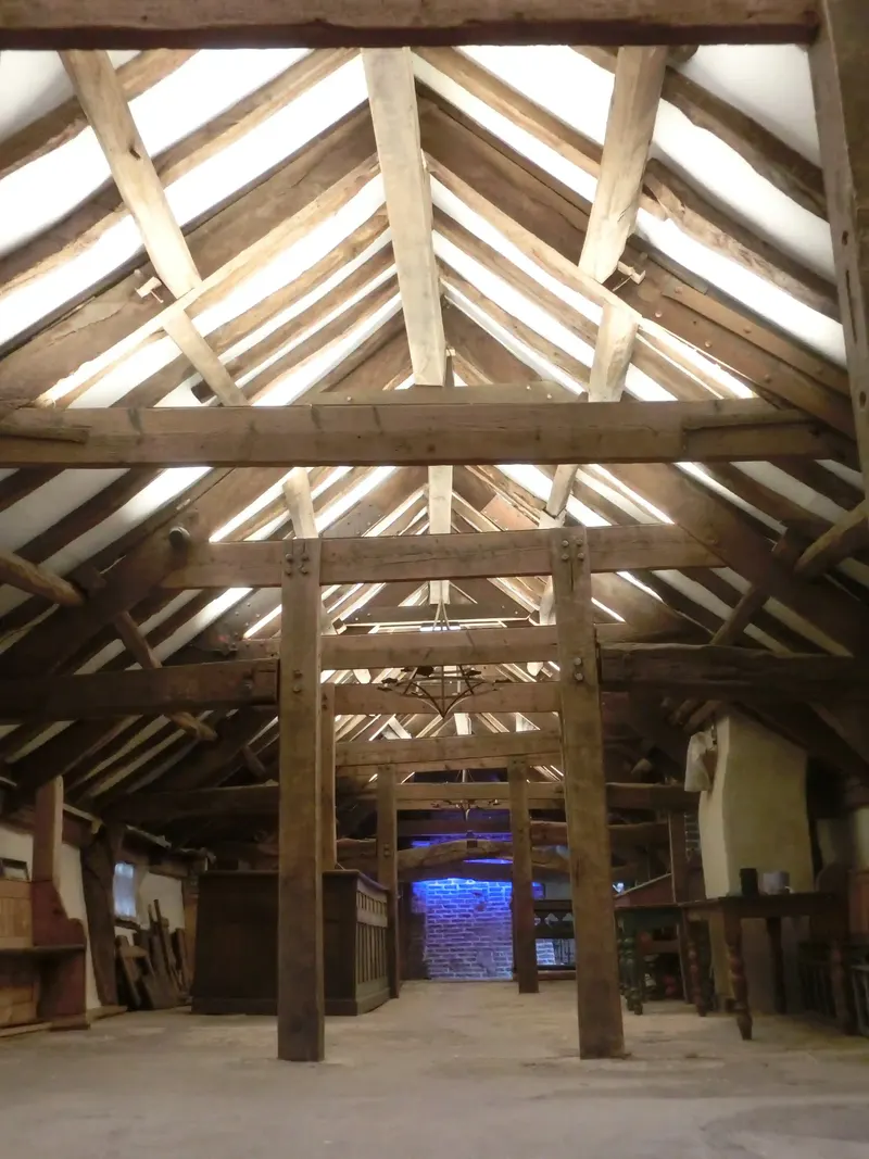 Old oak roof structure with trusses and rafters at The Counting House, Pontefract