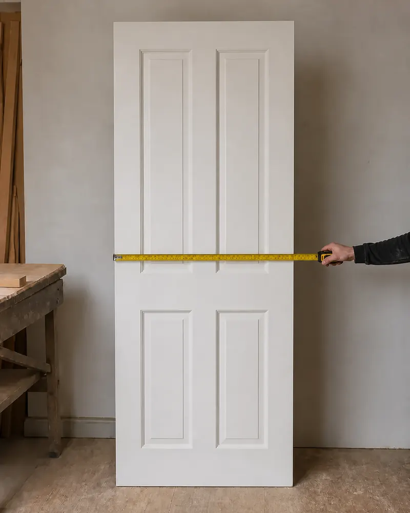 A white four-panel internal door with a tape measure across its width