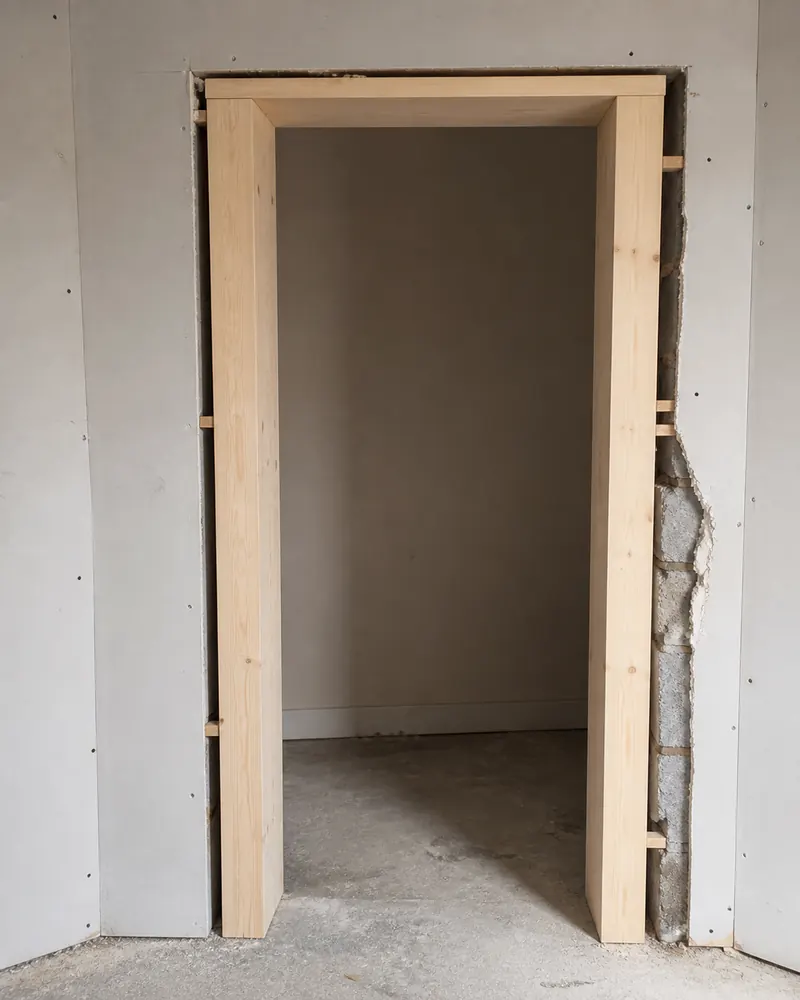 Timber door lining fitted into a plasterboarded structural opening before the architrave goes on