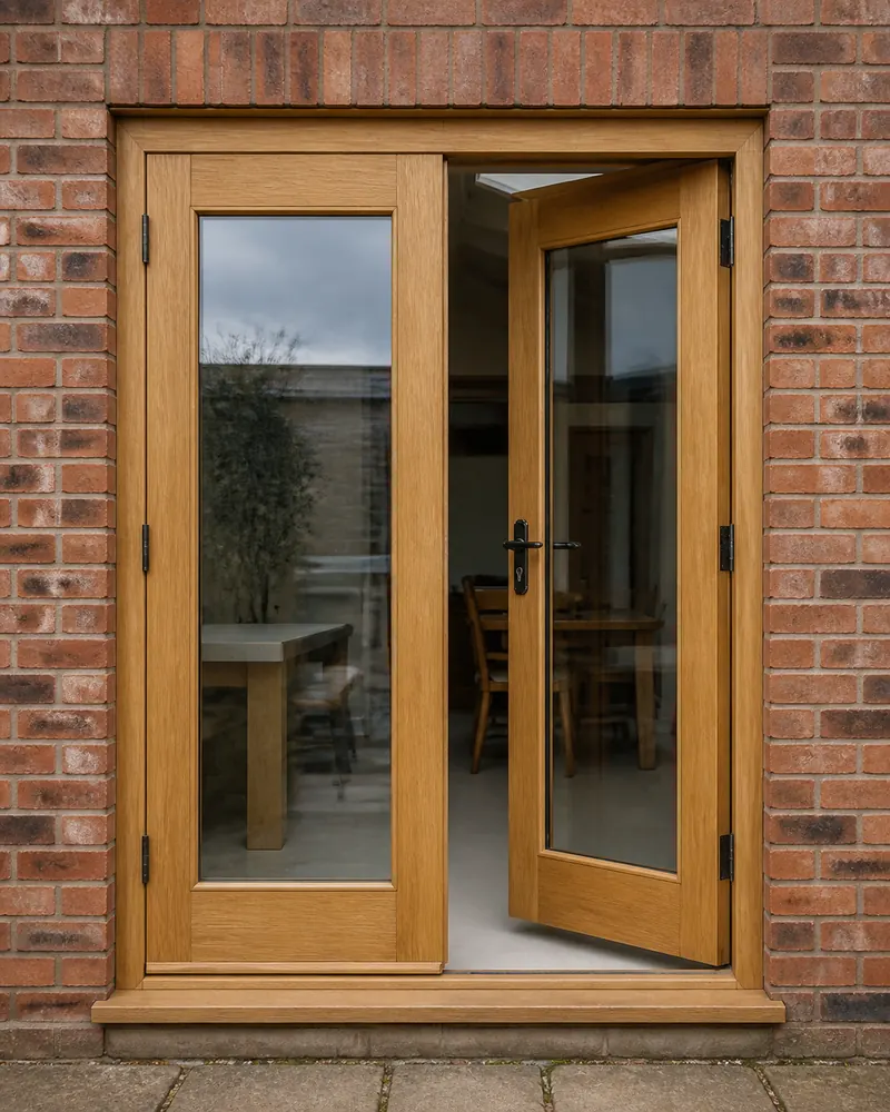 Timber French doorset in a brick opening with one leaf open, showing the frame and threshold