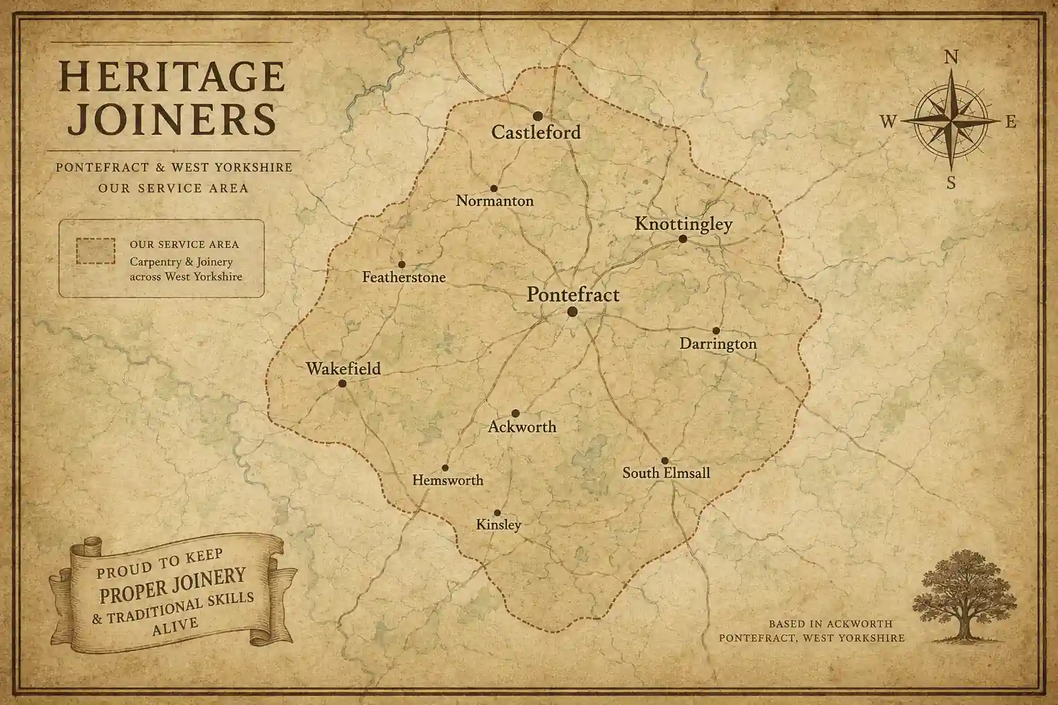 Map of the Heritage Joiners service area around Pontefract, covering Castleford, Wakefield, Knottingley, Normanton, Featherstone, Ackworth, Hemsworth, South Elmsall, Kinsley and Darrington