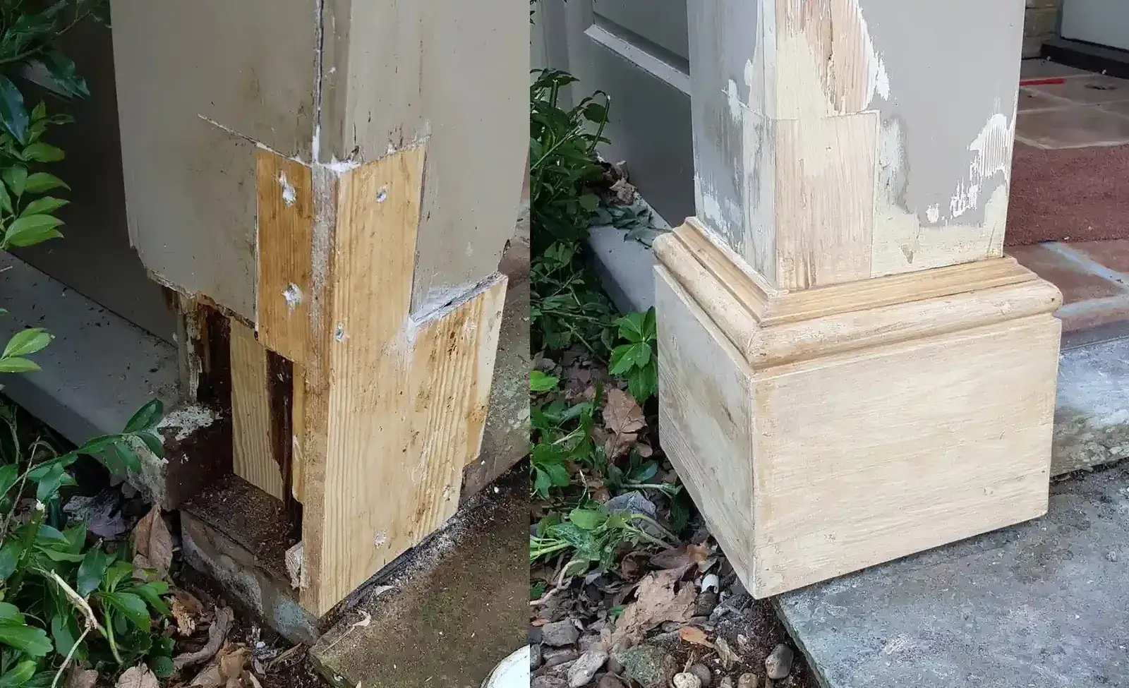 Decayed column base cut back and spliced with new timber, then finished with a matching moulded plinth