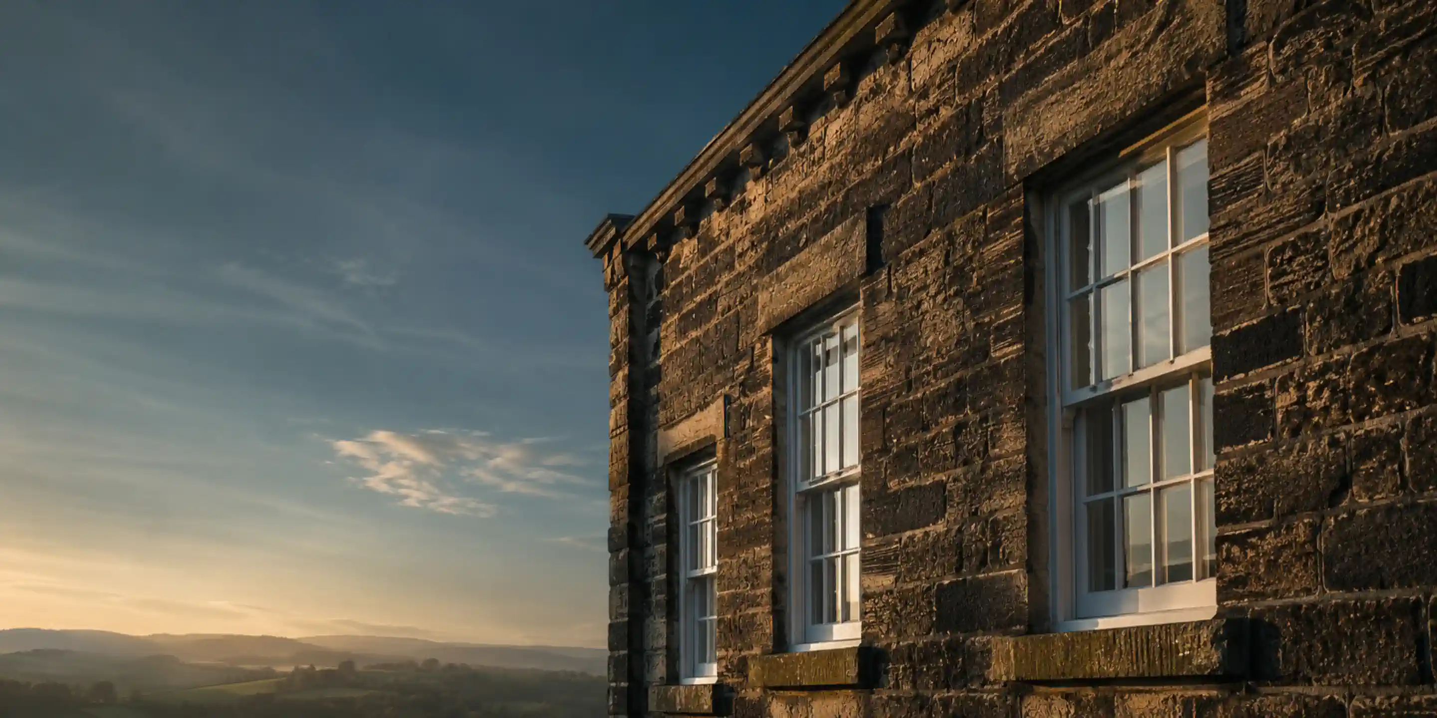 Timber sash windows in a Yorkshire gritstone building at golden hour, with open countryside beyond